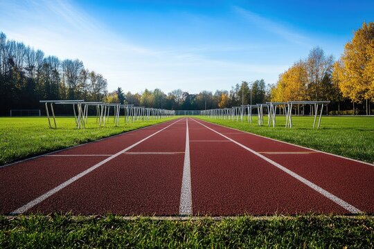 Empty running track stretching into distance, autumnal trees - Powered by Adobe