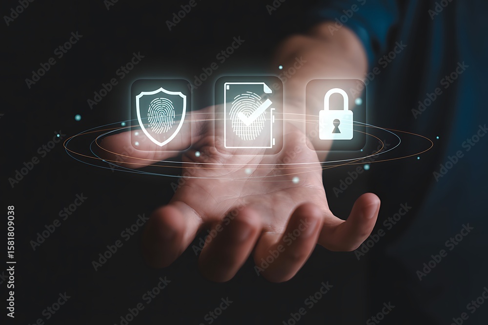 Aufkleber hand displaying digital security icons fingerprint shield document verification and lock image