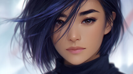 Closeup portrait of a young asian woman with blue hair