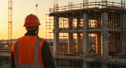 Construction worker overseeing building project at sunset
