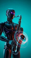 Futuristic Robot Plays Saxophone with Glowing Lights, Combining Technology and Music in Surreal Art