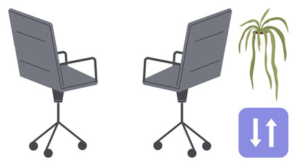 Fototapeta premium Two modern office chairs face away, a green hanging plant adds natural decor, and an adjustment icon indicates mobility or adaptability. Ideal for workspace design, work-life balance, ergonomics