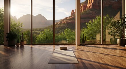 Fototapeta premium Serene Yoga Studio Sunlight Illuminates Beige Mat Red Rock Mountain View Hardwood Floor Green Plants