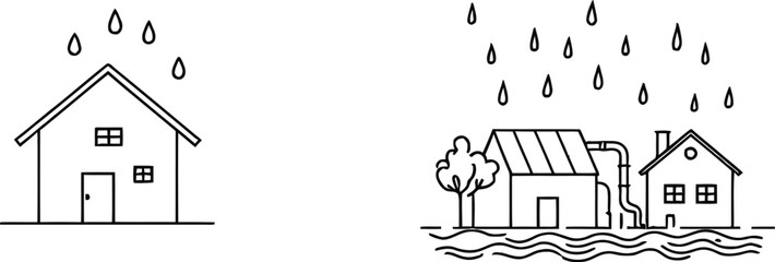 Naklejka premium Rain and Flood Icon Set Illustration Minimalist Black Silhouettes Featuring Single House under Rainfall and Dual Buildings Submerged in Water for Climate and Weather Emergency Graphics