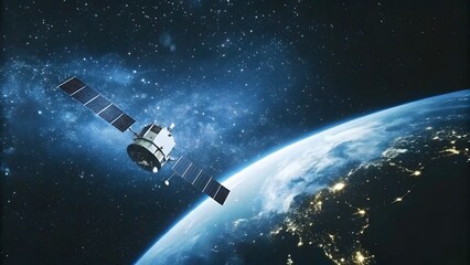 Modern Satellite Orbiting Earth with Sunlight in Space