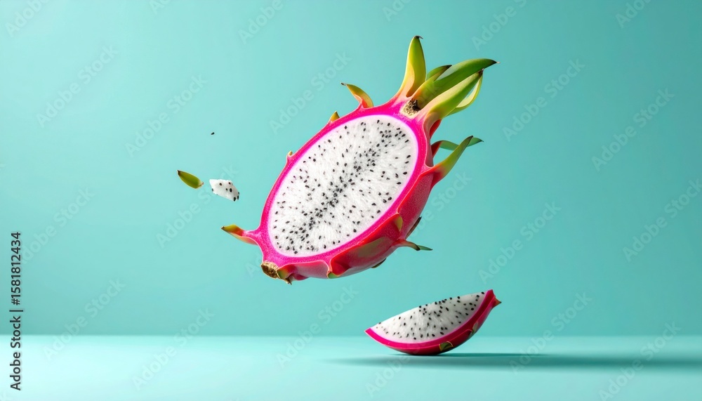 Poster sliced dragon fruit floating over matte cyan backdrop emphasizing freshness and detail