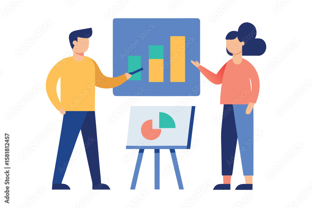 Poster two people presenting data with charts and graphs on a whiteboard
