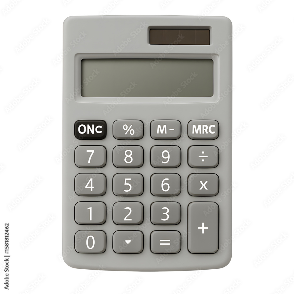 Poster simple modern grey calculator with solar panel and lcd screen isolated on transparent background