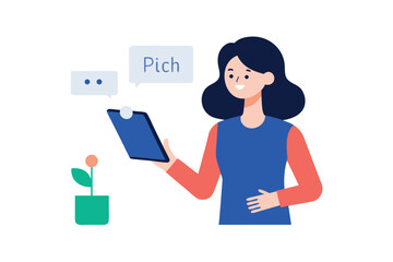 Woman using tablet and communicating with speech bubbles and a small plant