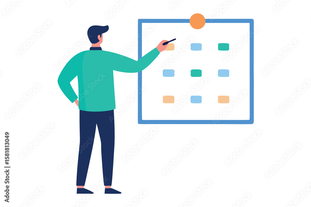 Aufkleber man pointing at a colorful grid on a whiteboard during a presentation