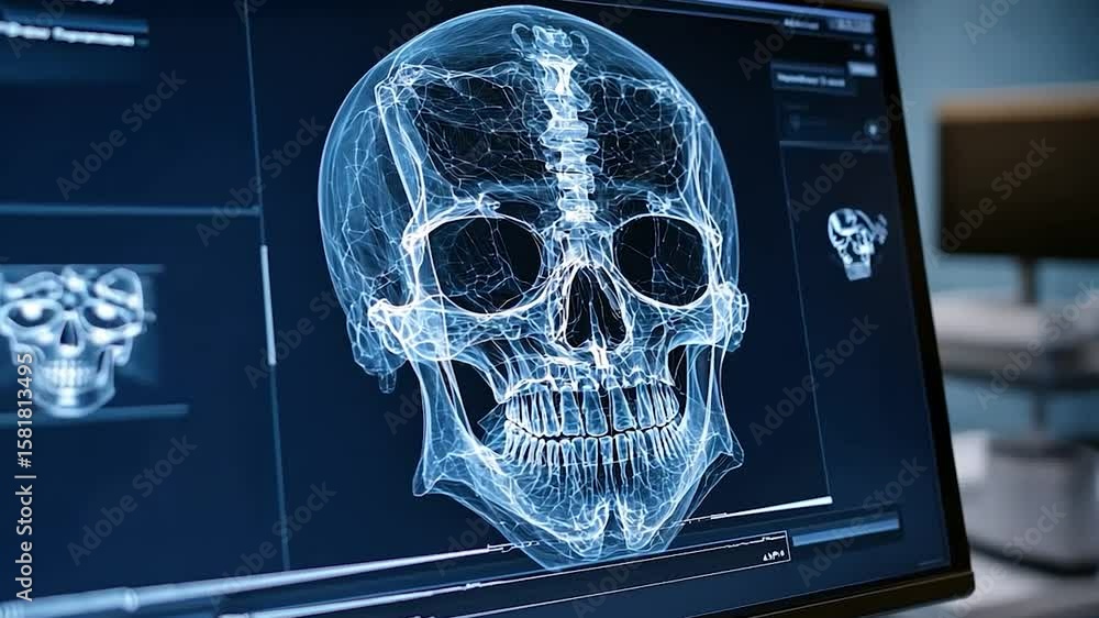 Poster close-up view of a computer screen displaying a detailed, three-dimensional model of a human skull r