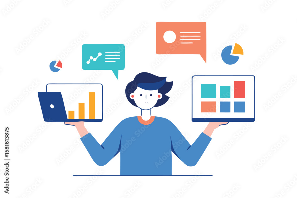 Poster person holding laptop and tablet displaying charts and graphs with data analysis elements
