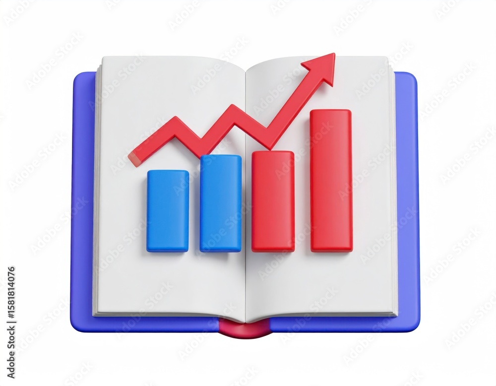 Poster three dimensional open book with bar chart and red arrow representing growth isolated on clear backg