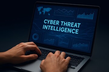 Cyber threat intelligence displayed on a laptop screen with graphs and world map