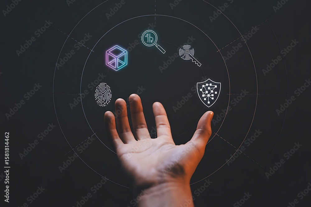 Poster hand holding digital security icons including fingerprint cube magnifying glass key and shield image