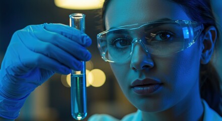 Scientist examines liquid in test tube with safety glasses