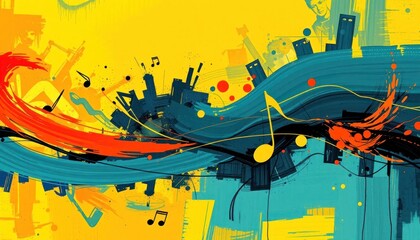 Abstract music illustration with vibrant colors, music notes and urban elements