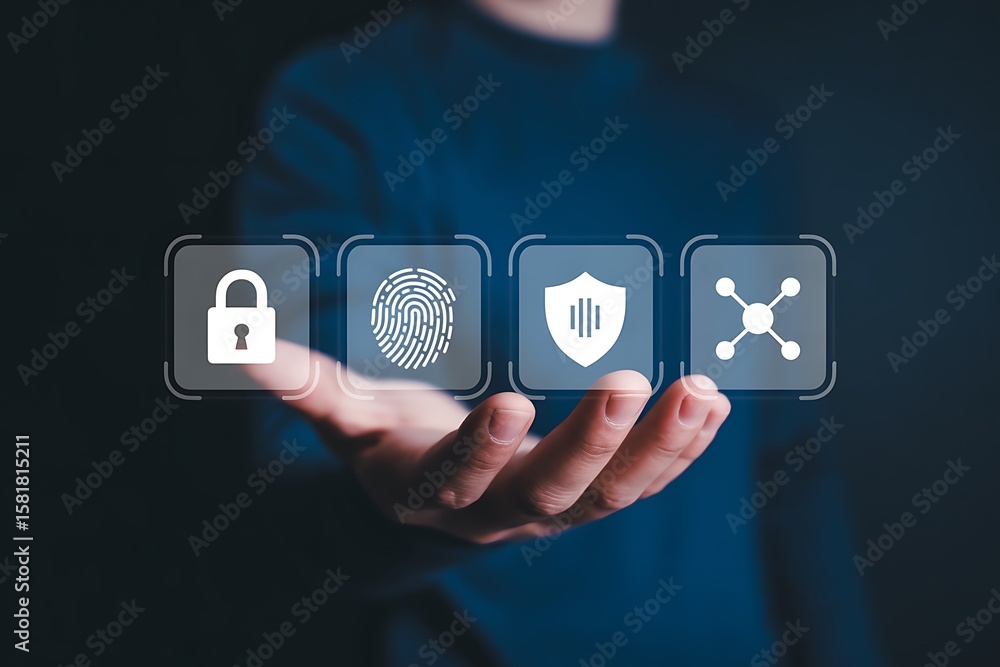 Aufkleber hand holding digital security icons padlock fingerprint shield network connection image