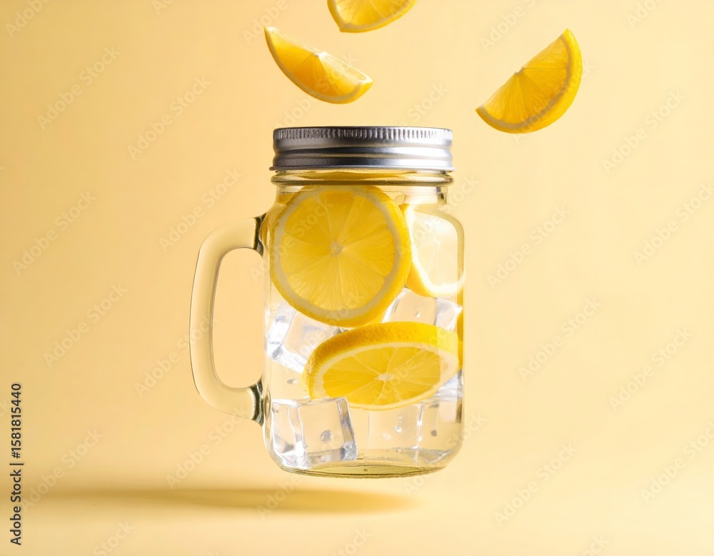 Poster transparent mason jar with ice cubes and floating lemon slices against light citrus background