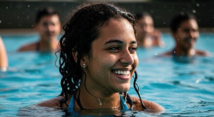 Woman smiles in a swimming pool with other swimmers around