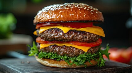 Forced Perspective Juicy Hamburger with Double Patty, Cheese, and Tomatoes