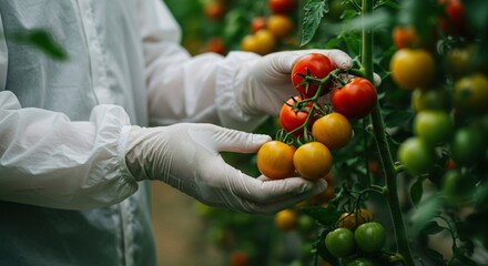 Person harvesting ripe tomatoes in a controlled environment