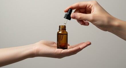 Hands holding dropper above amber bottle with liquid inside