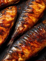 Close Up of Three Delicious Glazed Grilled Mackerel Fish.