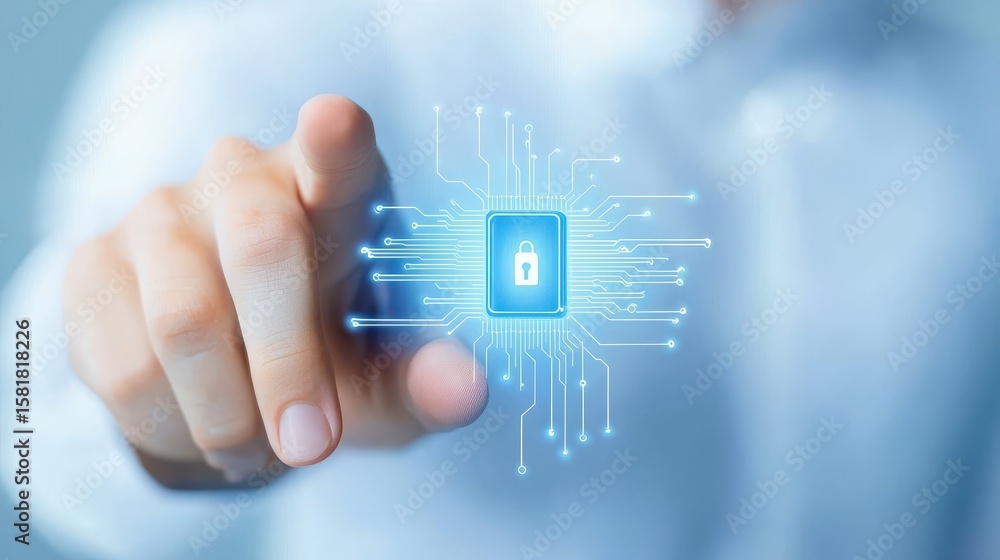 Poster man interacting with padlock on blue circuit board, exploring security and technology