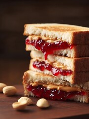 Delicious Close Up of Peanut Butter and Jelly Sandwiches Stacked on a Wooden Board.