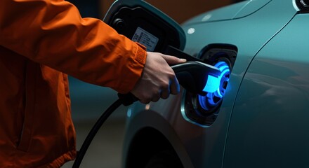 Charging electric vehicle with blue light at charging port
