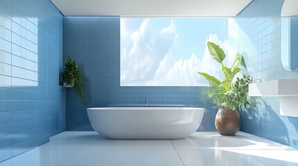 Forced Perspective Modern Bathroom with White and Blue Tiles