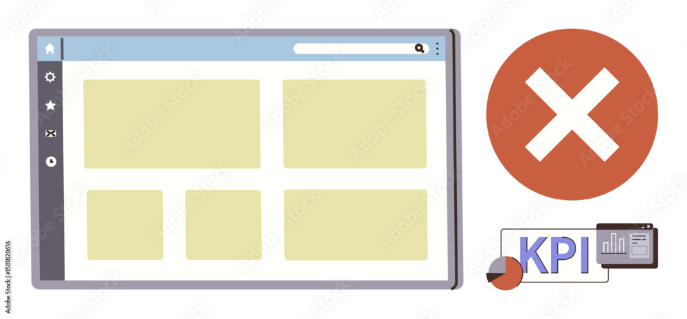 Poster browser window with grid layout beside bold red cross. additional elements include kpi chart and ana