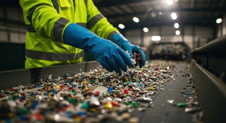 Worker sorting mixed plastic pieces on conveyor belt system