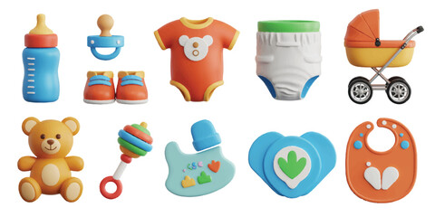 Collection of colorful 3D baby essentials icons including bottle, pacifier, onesie, shoes, diaper, stroller, teddy bear, rattle, and bib