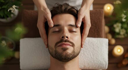 Man receiving a facial massage in a spa setting with plants