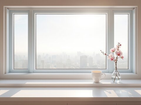 Fototapeta Orchids and coffee on a bright windowsill showcase an urban view obscured by the hazy morning light