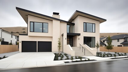 Modern Two-Story Residential House with Elegant Exterior and Wooden Garage Door