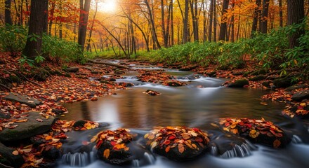 A golden sunset over a tranquil stream flowing through a vibrant autumn forest with colorful leaves on the water nature landscape fall