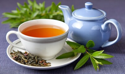 Warm Cup of Tea with Blue Teapot and Tea Leaves