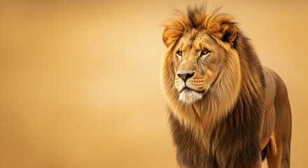 A portrait of a majestic male lion with a full mane looking regal on a golden background wildlife animal predator king cat africa safari