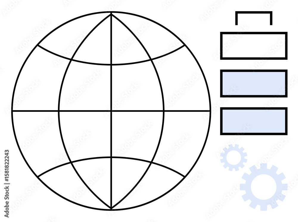 Poster globe with business hierarchy, stacked bars, and gears symbolizing global operations, structured wor