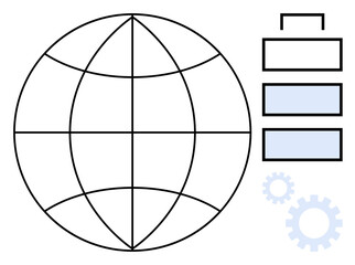 Globe with business hierarchy, stacked bars, and gears symbolizing global operations, structured work processes, and technology integration. Ideal for business, workflow, strategy, global reach