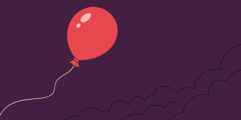 A red isolated balloon with a string on a dark purple background vector illustration.