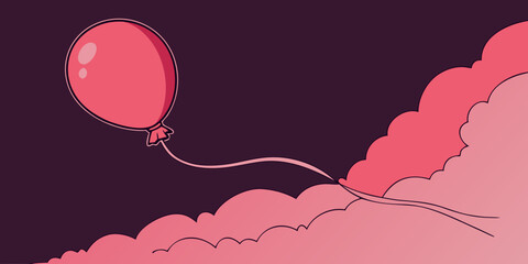A red isolated balloon with a string on a dark purple pink background vector illustration.