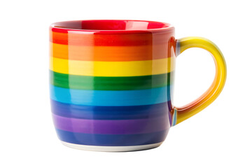 Vibrant Rainbow Striped Ceramic Mug; Cheerful, Joyful, LGBTQ+ Pride Theme, Isolated on White.