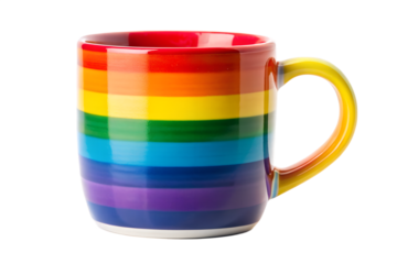 Vibrant Rainbow Striped Ceramic Mug; Cheerful, Joyful, LGBTQ+ Pride Theme, Isolated on White.