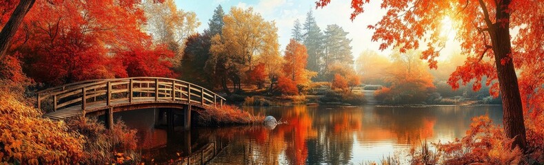 Autumnal landscape with a wooden bridge over a tranquil lake. Vibrant fall colors paint the trees lining the water's edge, creating a serene and picturesque scene