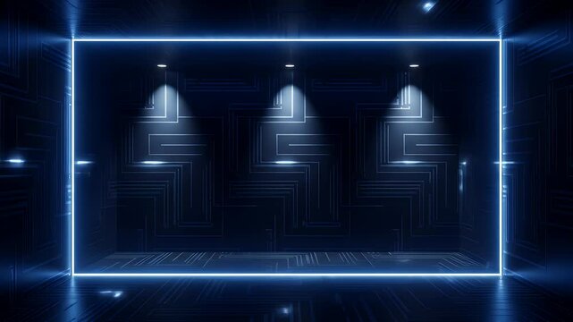 Futuristic dark room with glowing blue rectangle