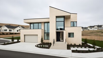 Modern Two-Story Residential House with Elegant Exterior and Wooden Garage Door